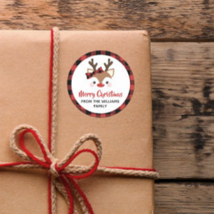 Sticker Rond Joli Reindeer Plaid Bow Rouge Joyeux Noël