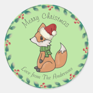 Sticker Rond Joli renard de Noël et couronne texte personnalisé