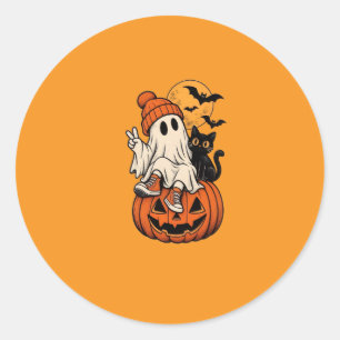 Sticker Rond Joli Rétro Fantôme de Halloween Citrouille Notre F