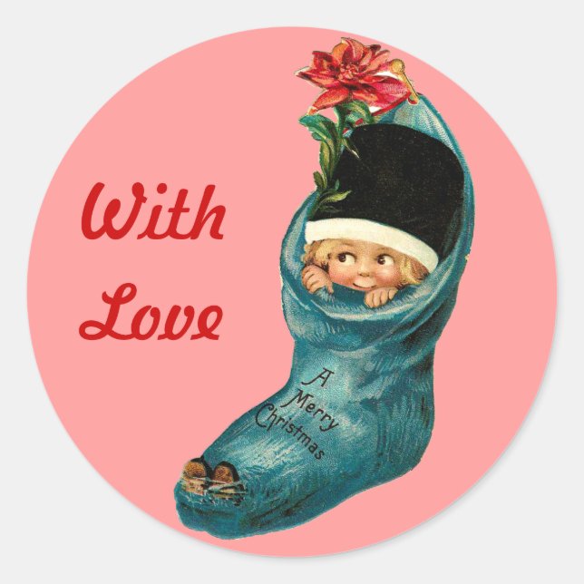 Sticker Rond Joli réveil de Noël, Petit Enfant, Rouge Rose (Devant)