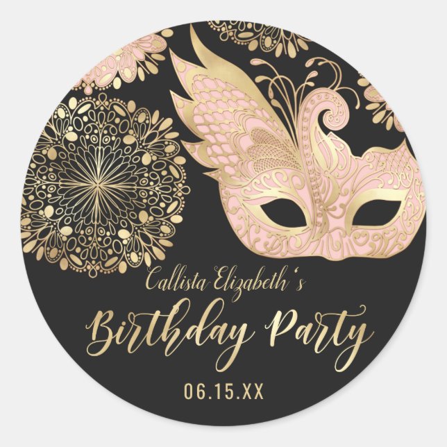 Sticker Rond Joli rose or noir Masquerade Masque Anniversaire (Devant)