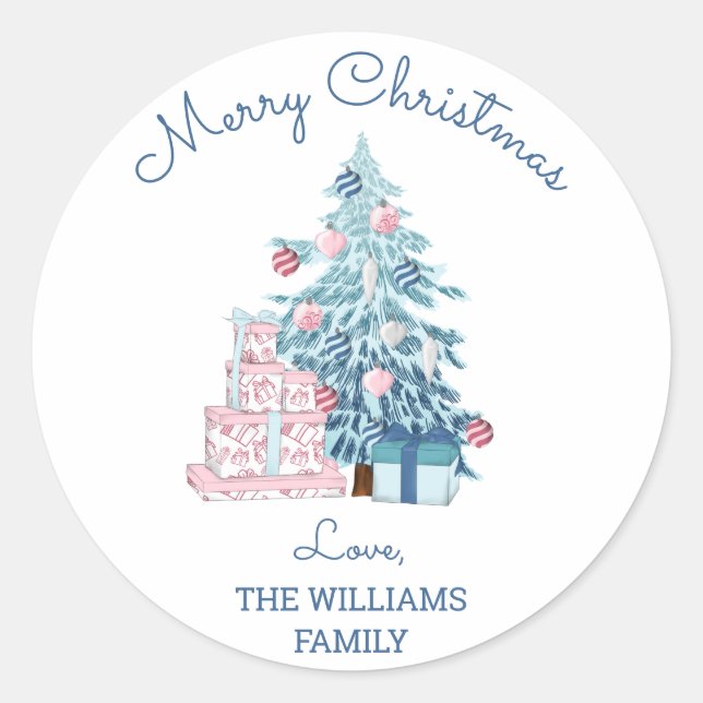 Sticker Rond Joli sapin de Noël bleu Joyeux Noël  (Devant)