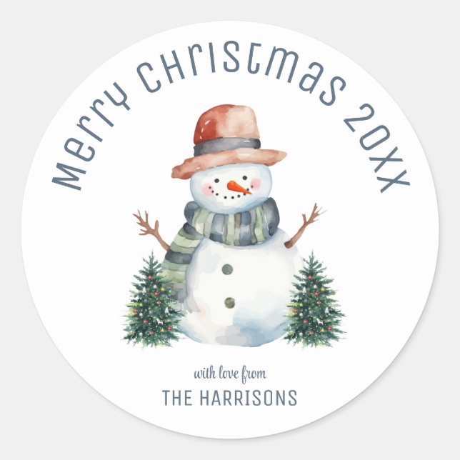 Sticker Rond Joli sapin de Noël Snowman Noël hiver Noël (Devant)