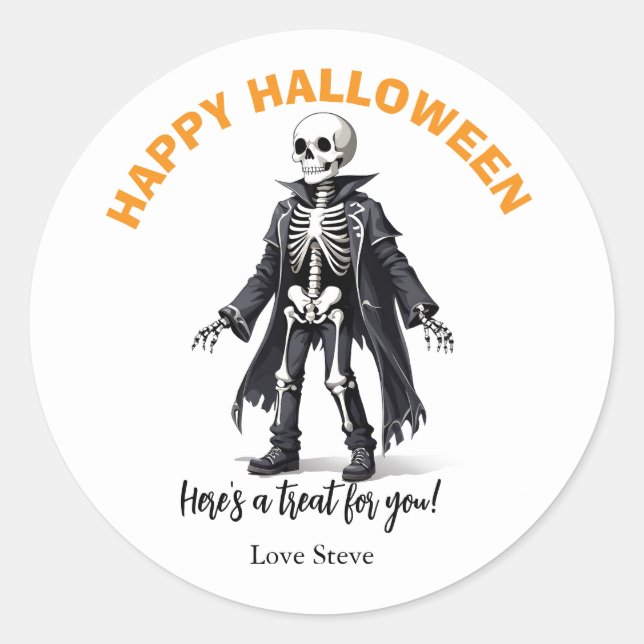 Sticker Rond Joli squelette Halloween citrouilles amicaux (Devant)
