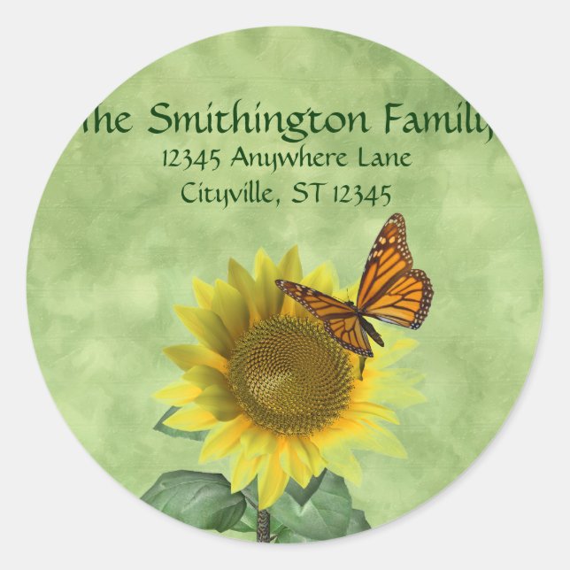 Sticker Rond Joli tournesol jaune et papillon orange (Devant)
