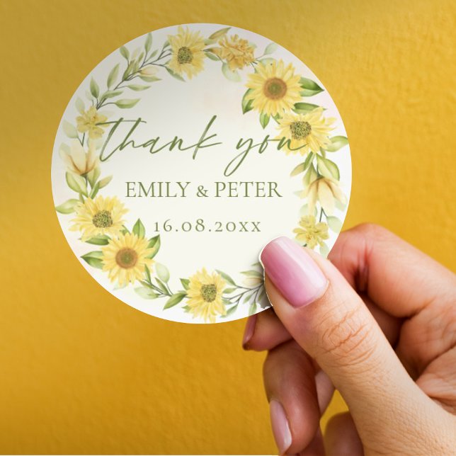 Sticker Rond Joli Tournesol Jaune Floral Mariage Merci (Cute Yellow Sunflower Floral Wedding Thank You Classic Round Sticker)