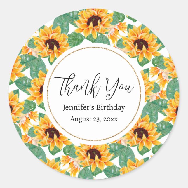 Sticker Rond Joli tournesol Jaune & Vert Motif Anniversaire (Devant)
