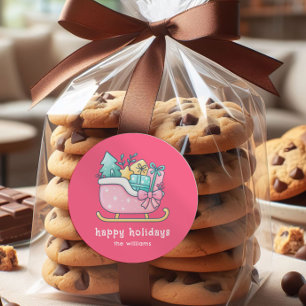 Sticker Rond Joli traîneau avec friandises Joyeuses Fêtes Rose 