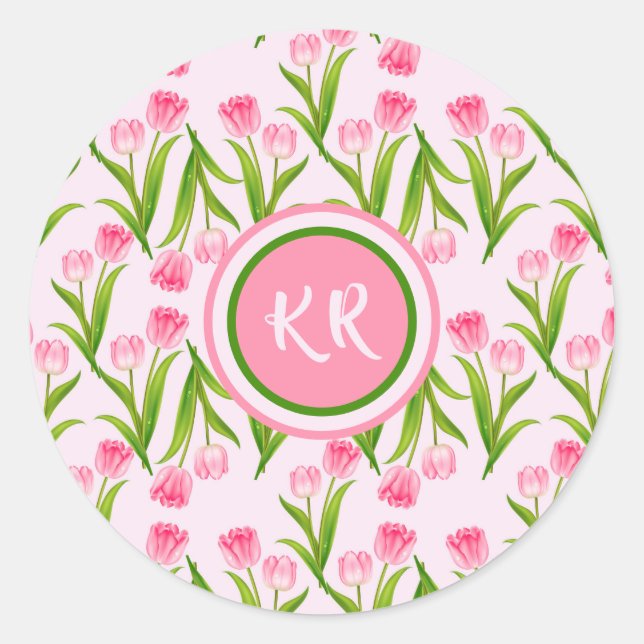 Sticker Rond Joli Tulipe rose Fleurs Florales Feuille Monogramm (Devant)