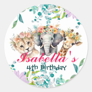 Sticker Rond Joli zoo floral jungle Animaux Anniversaire Bienve