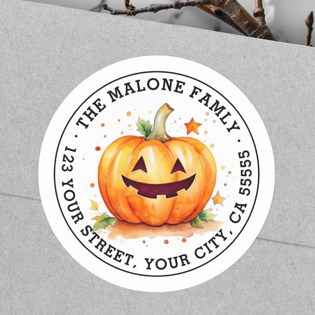 Sticker Rond Jolie adresse de retour Jack-o-lantern Halloween (Cute Jack-o-lantern Halloween return address Classic Round Sticker)