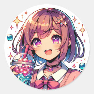 Sticker Rond Jolie Anime Girl tenant Bubble Tea