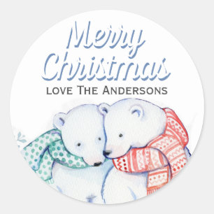Sticker Rond Jolie aquarelle Ours polaires Joyeux Noël