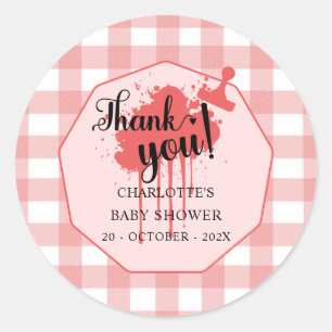 Sticker Rond Jolie Baby Shower Rouge Gingham Pastel