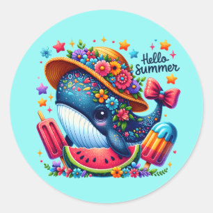 Sticker Rond Jolie baleine de plage bonjour été