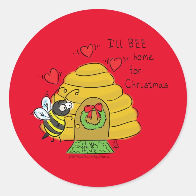 Sticker Rond Jolie Bee Christmas Drôle Cartoon de vacances (Devant)