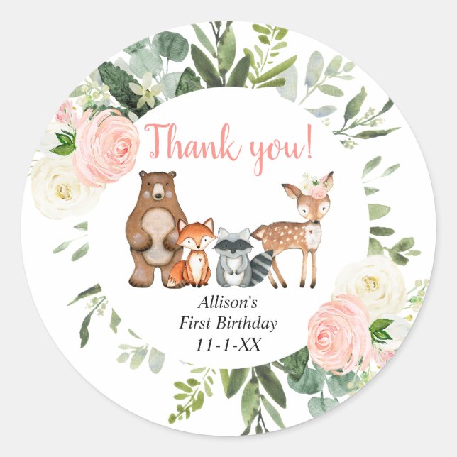 Sticker Rond Jolie boisée animaux verdure fille anniversaire (Devant)