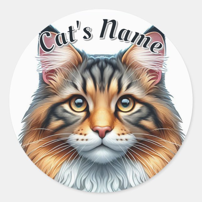 Sticker Rond Jolie Calico Long-Haired Chat plus Nom (Devant)