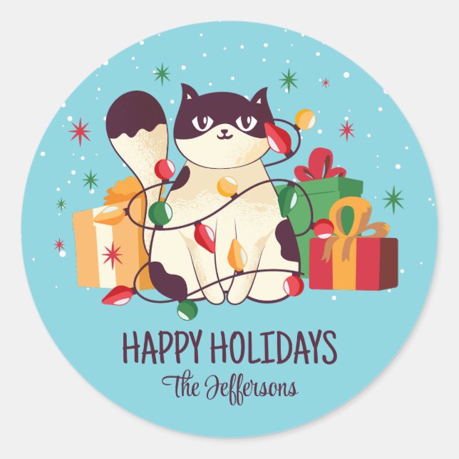 Sticker Rond Jolie Chat Noël Neige Vacances d'hiver (Devant)