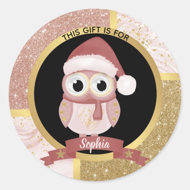 Sticker Rond Jolie Chouette de Noël Rose Parties scintillant d' (Devant)