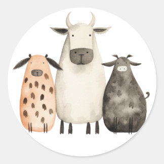 Sticker Rond jolie et drôle famille de vaches à l'aquarelle