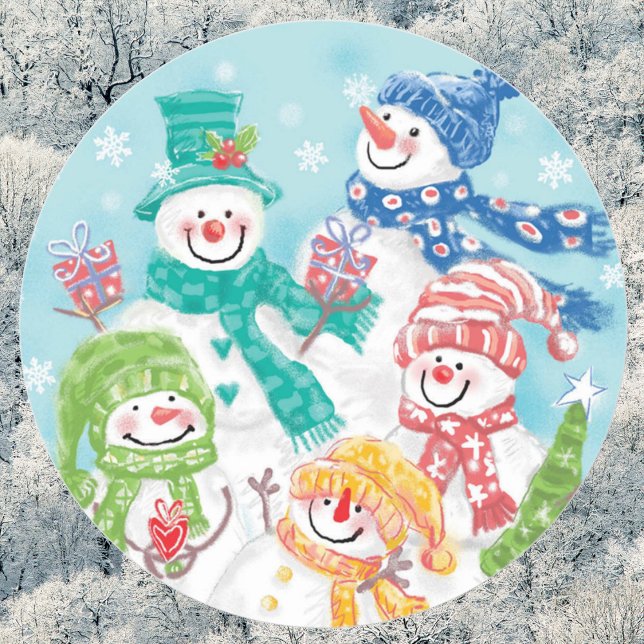 Sticker Rond Jolie famille des neigeurs de Noël dans la neige (Créateur téléchargé)