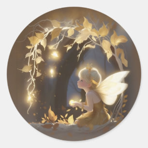 Sticker Rond Jolie fée d'automne avec des fleurs lumineuses