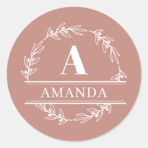 Sticker Rond Jolie Feminine Rose Wreath Custom Monogramme 