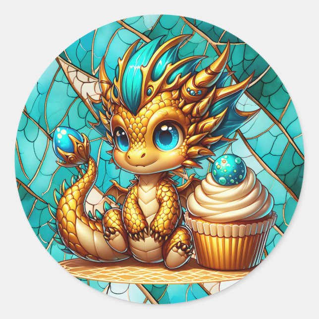 Sticker Rond Jolie fête d'anniversaire du dragon Turquoise et d (Devant)