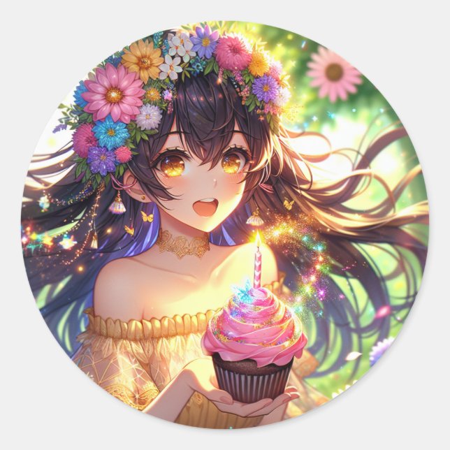 Sticker Rond Jolie fille Anime Anniversaire (Devant)