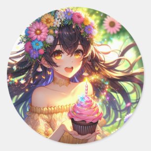 Sticker Rond Jolie fille Anime Anniversaire