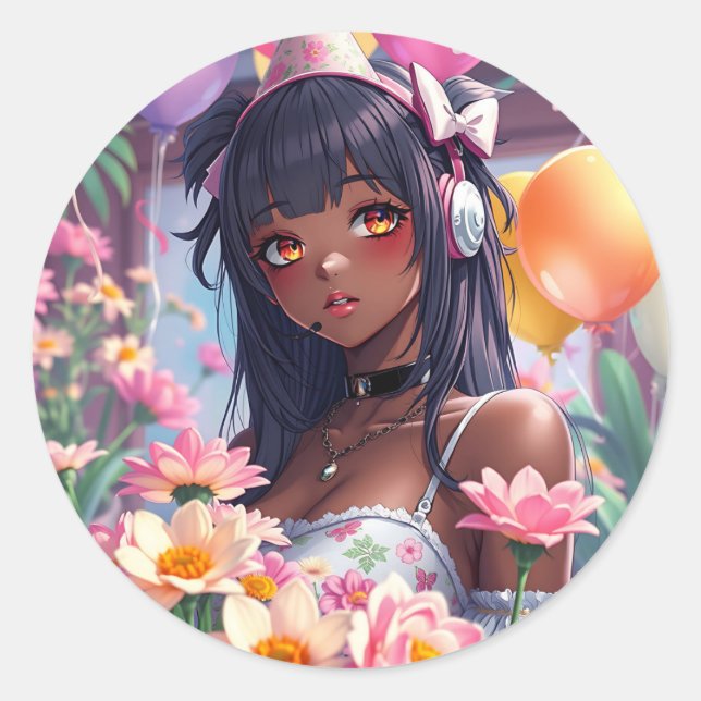 Sticker Rond Jolie fille Anime de couleur Anniversaire personna (Devant)
