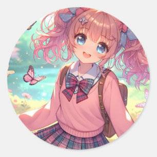 Sticker Rond Jolie fille Anime en Pigtails Roses
