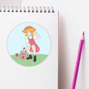 Sticker Rond Jolie fille de jardinage avec fleurs Cheveux blond