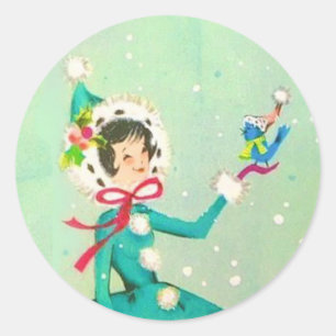 Sticker Rond Jolie Fille De Noël Rétro Avec Oiseau