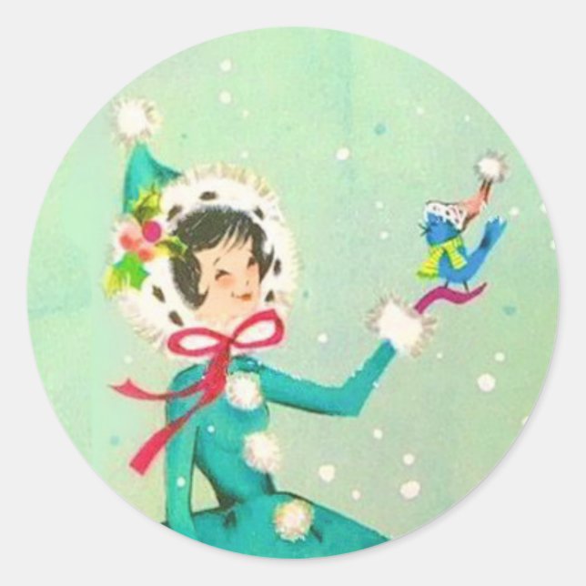Sticker Rond Jolie Fille De Noël Rétro Avec Oiseau (Devant)