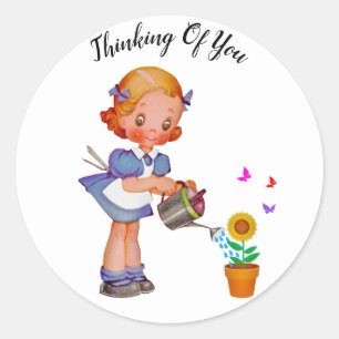Sticker Rond Jolie Fille Eau Tournesol Penser De Vous