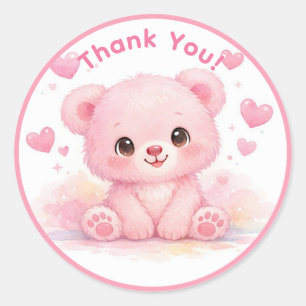 Sticker Rond Jolie Fille Ourson Bébé Rose Anniversaire