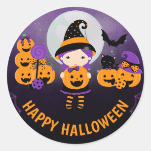 Sticker Rond Jolie fille sorcière et citrouilles Joyeux Hallowe