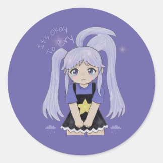 Sticker Rond Jolie Fille Triste Illustration Dessinée à la Main