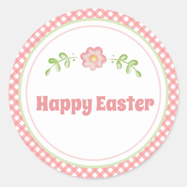 Sticker Rond Jolie Fleur et Rose Corail Gingham Pâques (Devant)