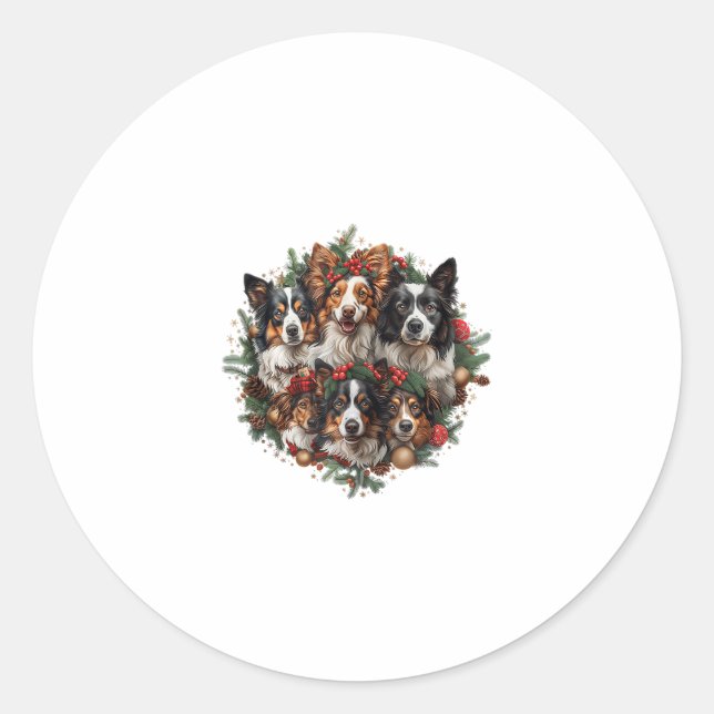 Sticker Rond Jolie frontière Collie Chiens Noël Wreath Holiday  (Devant)