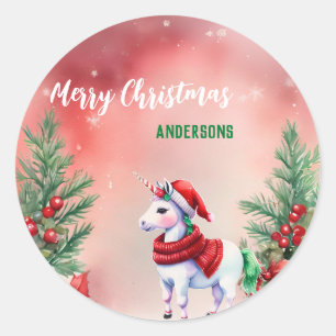 Sticker Rond Jolie licorne Père Noël fête de Noël