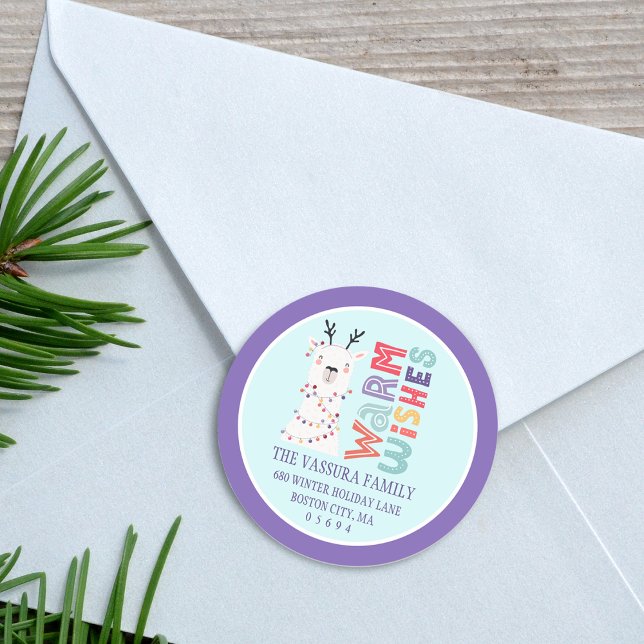 Sticker Rond Jolie Llama de Noël moderne Adresse de retour (Cute Modern Christmas Llama Return Address Classic Round Sticker)