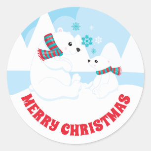 Sticker Rond Jolie maman ours polaire et bébé Joyeux Noël
