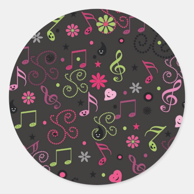 Sticker Rond Jolie musique adorable notes fleurs (Devant)