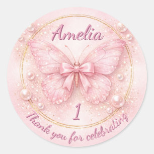 Sticker Rond Jolie Papillon Rose 1er Anniversaire Merci