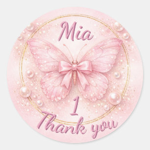 Sticker Rond Jolie Papillon Rose Merci pour le 1er Anniversaire