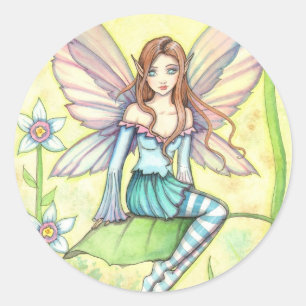 Sticker Rond Jolie petite fée des fleurs fantaisie art