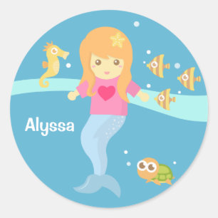 Sticker Rond Jolie petite fille sirène sous la mer
